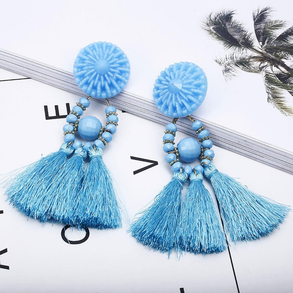 BE28 | Boho Blue Beaded Dangle Tassel Earrings - Picture 1 of 3